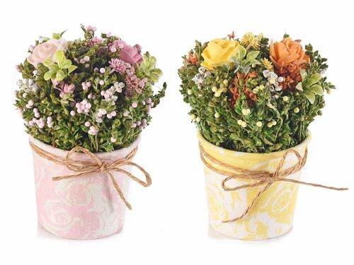 Vasetti colorati con stampe floreali bianche e roselline artificiali