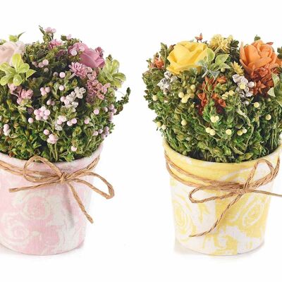 Colorful jars with white floral prints and artificial roses