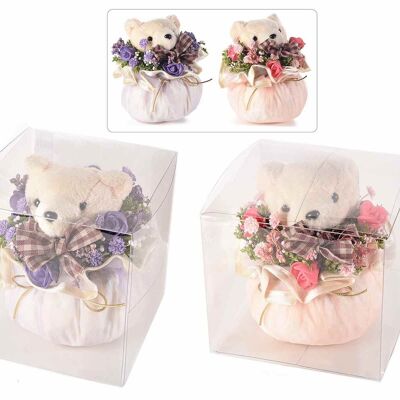 Organzabeutel mit Teddybären, Kunstblumen und Bändern in PVC-Geschenkbox