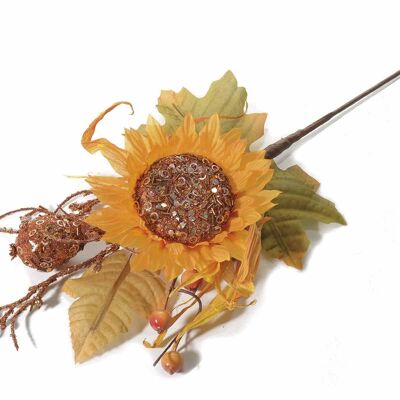 Künstliche Sonnenblume mit Glitzerkrone, Kürbis und Beeren