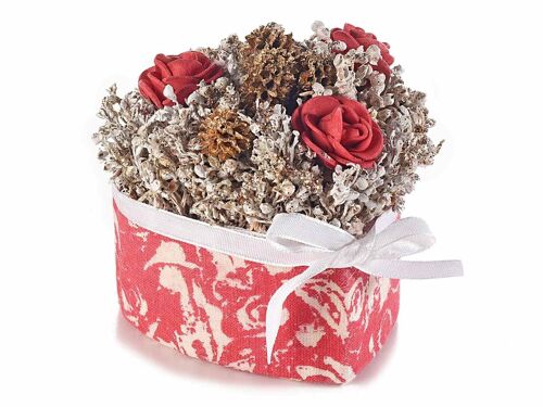 Vasetti a cuore con rose artificiali, fiorellini glitterati e nastro decorativo