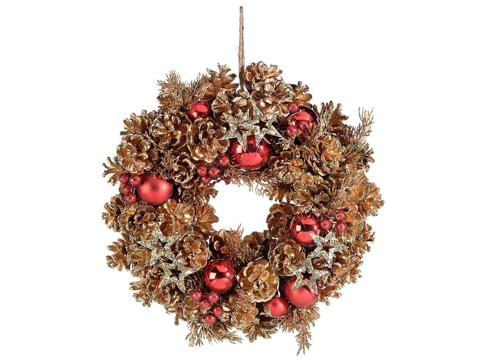 Ghirlande di pigne dorate con palline, bacche rosse e stelle glitterate decorative