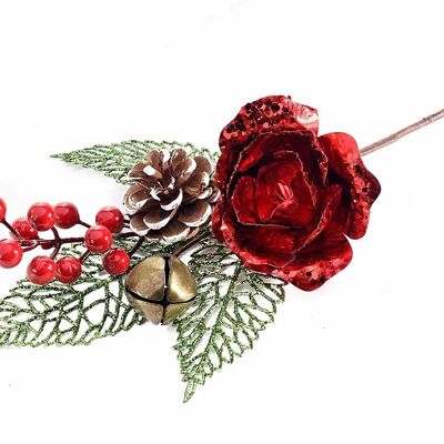 Pick branches with rose, snow-covered pine cone, red berries and bell