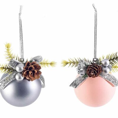 Pink and silver plastic Christmas baubles with pine cone and berries to hang