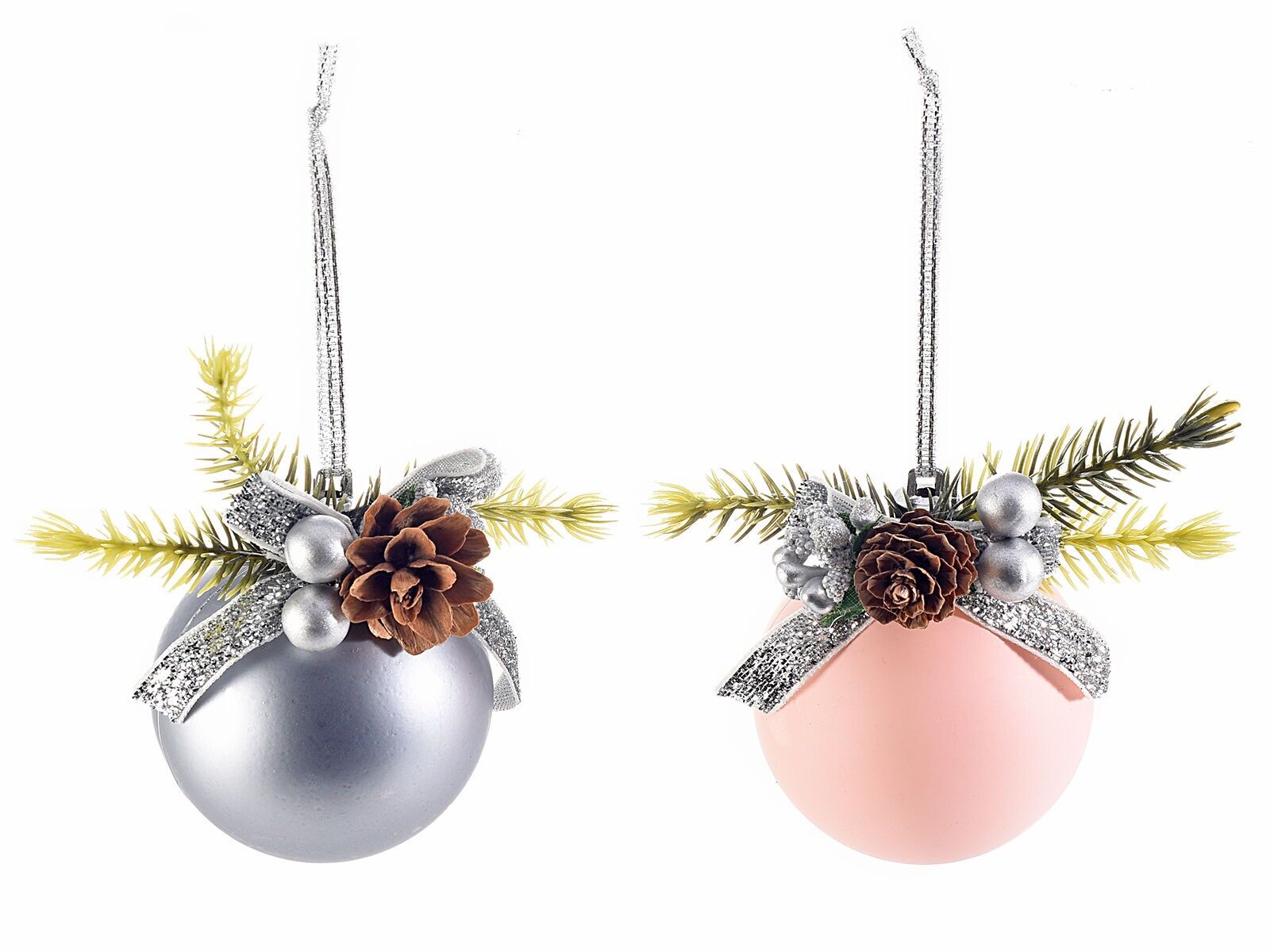 Palline di Natale in plastica rosa e argento con pigna e bacche da appendere