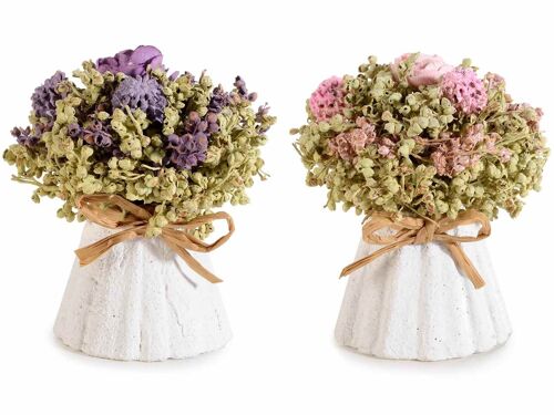 Vasetti in gesso con fiori, rose artificiali e fiocco rafia