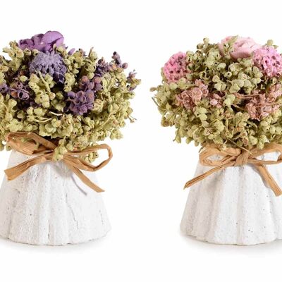 Plaster vases with flowers, artificial roses and raffia bow
