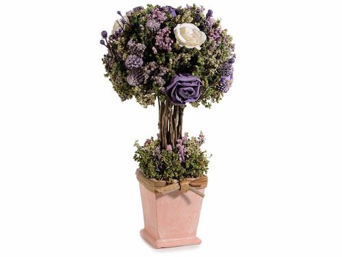 Alberello centrotavola in vasetto con rose, fiori artificiali e fiocco
