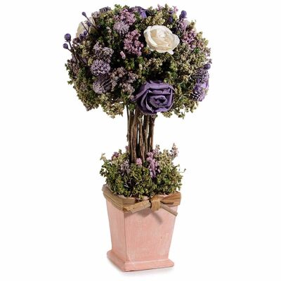 Alberello centrotavola in vasetto con rose, fiori artificiali e fiocco