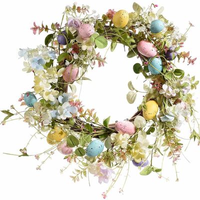 Wreaths of colored eggs and artificial flowers