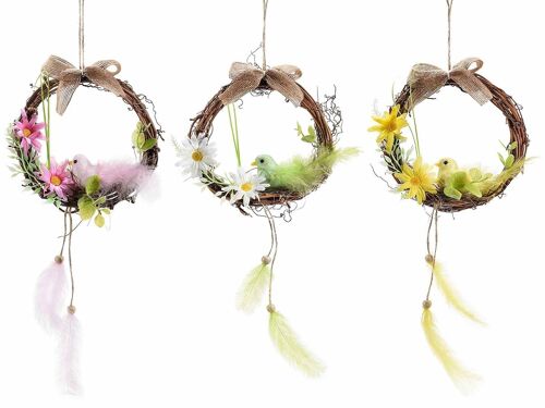 Ghirlande pasquali in legno con uccellino glitterato, fiorellini e piume da appendere