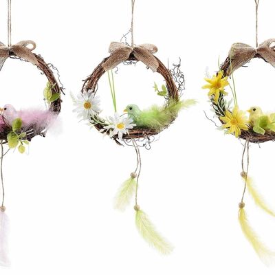 Wooden Easter wreaths with glittery bird, little flowers and feathers to hang