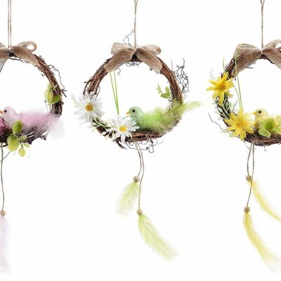 Ghirlande pasquali in legno con uccellino glitterato, fiorellini e piume da appendere