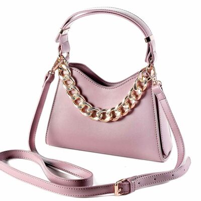 Rectangular women's handbags in mauve imitation leather with handle, shoulder strap, golden chain and magnetic button closure