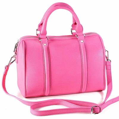 Women's trunk handbags in hot pink textured imitation leather with double handles, adjustable and removable shoulder strap, double slider zip closure