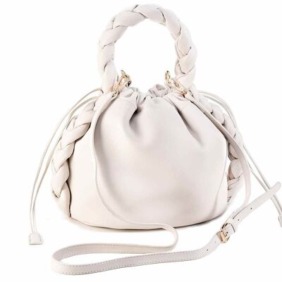 Bucket bags in cloud white extra soft imitation leather with braided handle and shoulder strap, double magnetic and lace closure
