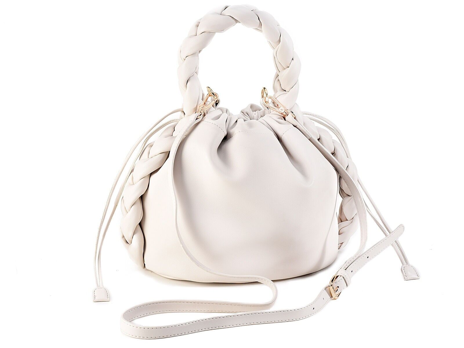 Borse a secchiello in similpelle extra soft bianco nuvola con manico a treccia e tracolla, doppia chiusura a calamita e a laccetto