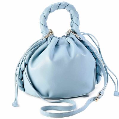 Bucket bags in ocean blue extra soft imitation leather with braided handle and shoulder strap, double magnetic and lace closure