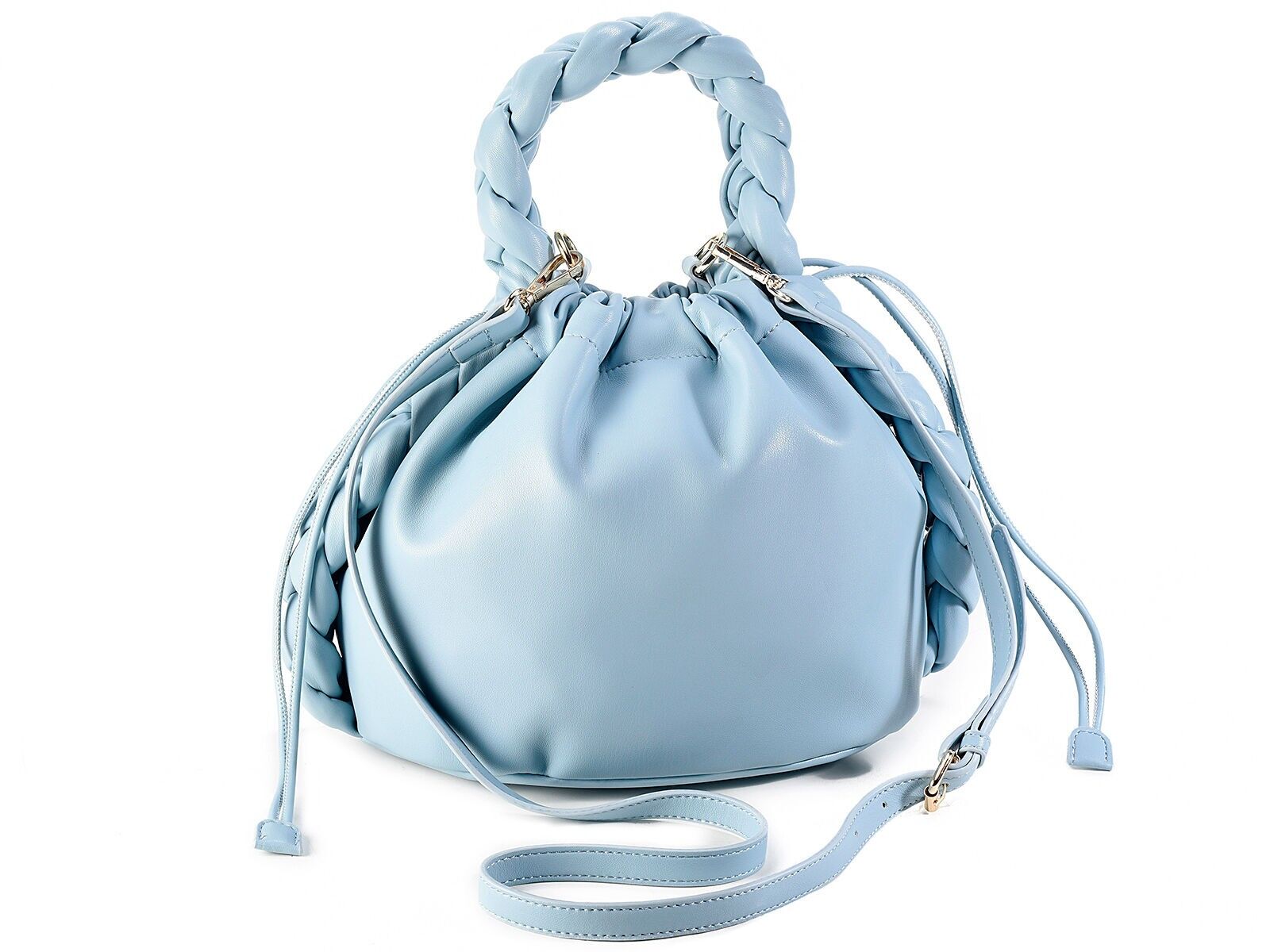 Sacs seau en simili cuir extra doux bleu océan avec poignée et bandoulière tressées, double fermeture aimantée et lacet