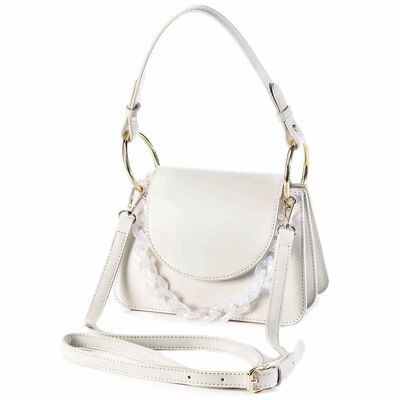 Handbag / shoulder bag in antique white imitation leather with handle, adjustable shoulder strap and ice-coloured chain front detail