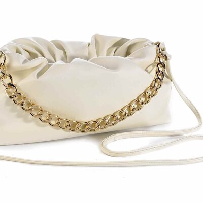 Women's shoulder/handbags with shoulder strap in vanilla white imitation leather with golden chain, zip closure and gathered stitching