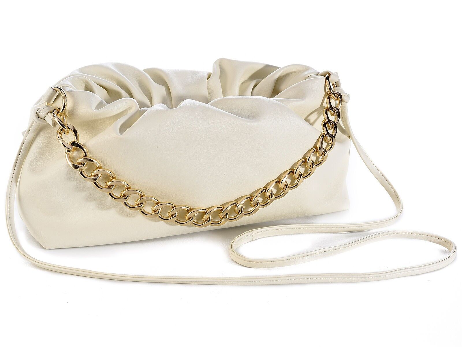 Sacs à bandoulière / sacs à main pour femmes et sacs à bandoulière en similicuir blanc vanille avec chaîne dorée, fermeture zippée et coutures froncées