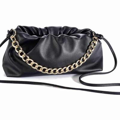 Women's shoulder/handbags in deep black imitation leather with golden chain, zip closure and gathered stitching