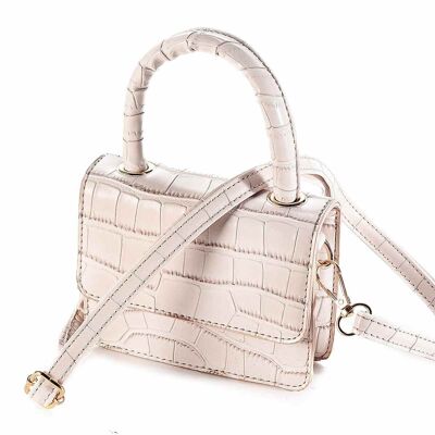 Women's mini handbags in smoky white crocodile effect imitation leather with handle and shoulder strap
