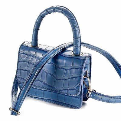 Women's mini handbags in light blue crocodile effect imitation leather with handle and shoulder strap