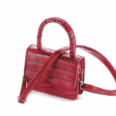 Women's mini handbags in scarlet red crocodile effect imitation leather with handle and shoulder strap
