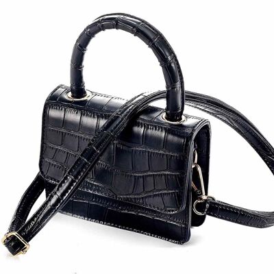Women's mini handbags in black crocodile effect imitation leather with handle and shoulder strap