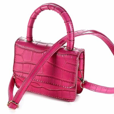 Women's mini handbags in crocodile effect pink rasperry imitation leather with handle and shoulder strap