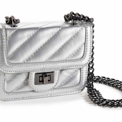 Mini bags in matelassé silver imitation leather with chain and burnished details