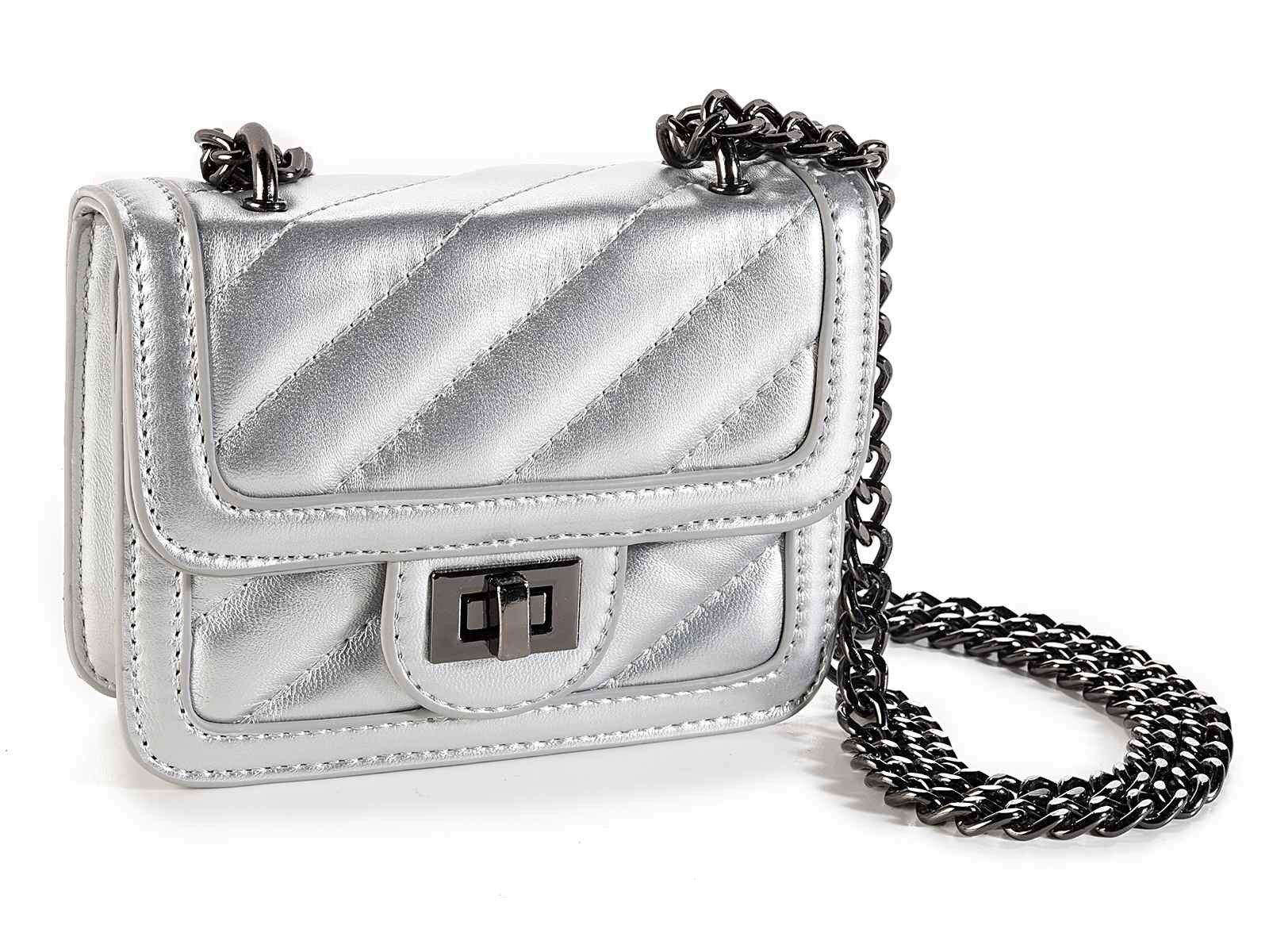 Borse mini bag in similpelle argento matelassé con catena e dettagli bruniti