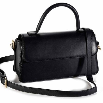 Bolsos de mujer en símil piel de color negro con bandolera ajustable y extraíble, asa de mano y cierre de cremallera y frontal con botones magnéticos