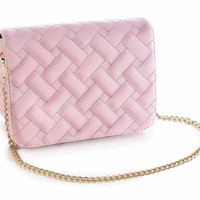 Women's shoulder/hand bags in matellassé pink imitation leather with golden chain and front magnetic button closure