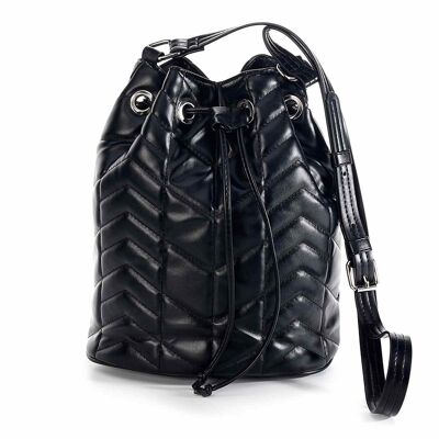 Sacs seau en similicuir matelassé noir avec bandoulière réglable et fermeture à cordon