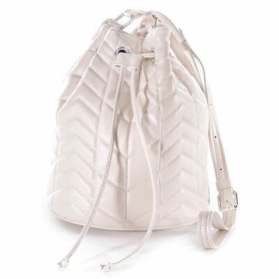 White women's fashion bucket bags in quilted imitation leather with adjustable shoulder strap and antique white drawstring closure