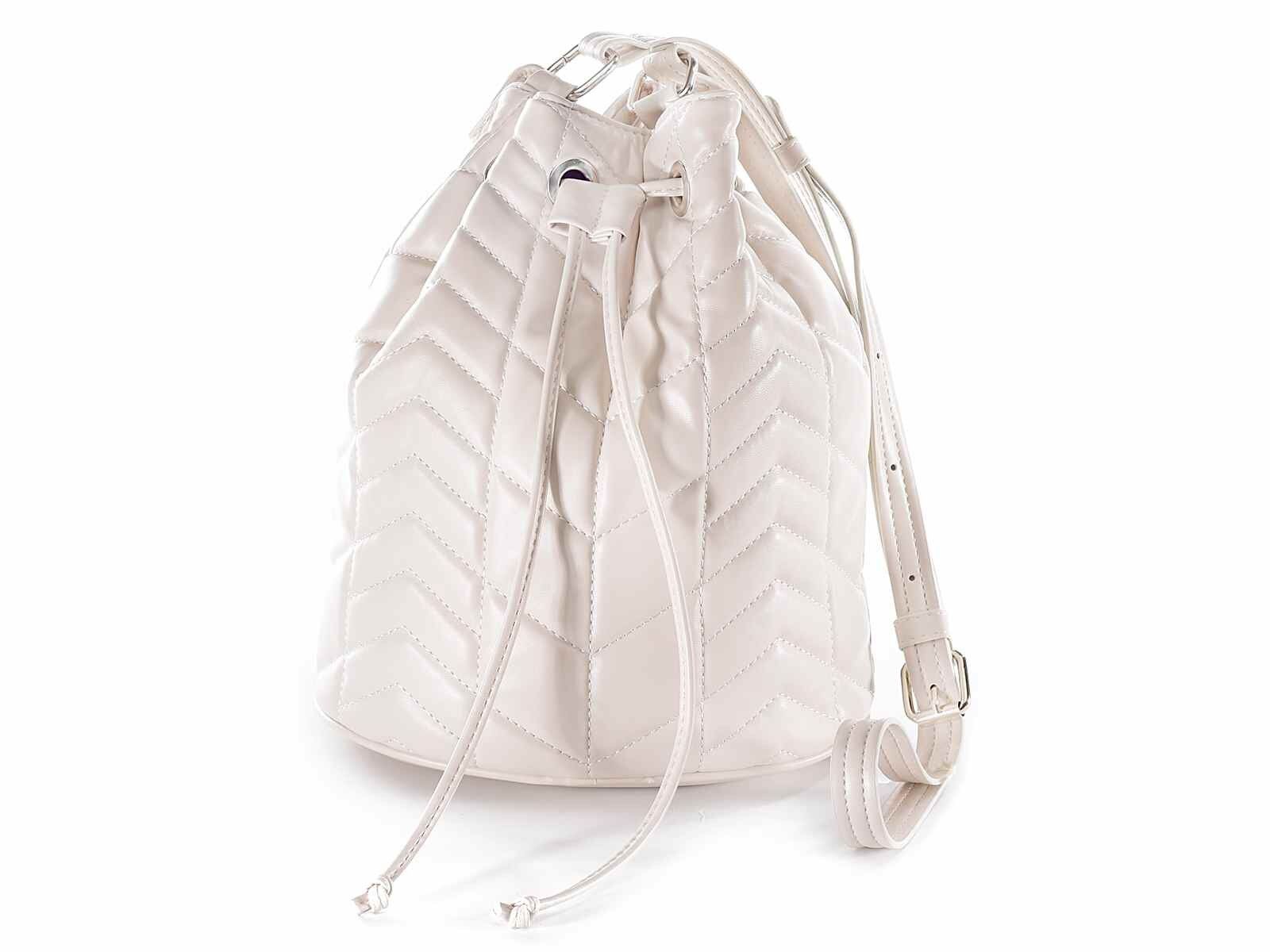 Borse moda da donna a secchiello bianca in similpelle trapuntata con tracolla regolabile e chiusura a coulisse bianco antico