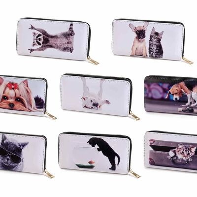 Damenbrieftasche aus Kunstleder mit „Funny Animals“-Aufdruck mit 5 Fächern, zentralem Münzfach mit Reißverschluss und goldenem Reißverschlussdesign 14zero3