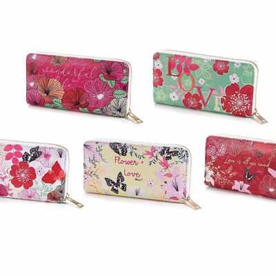 Women's wallet in imitation leather with floral print, butterflies and writings, 5 compartments, central coin pocket with zip closure and golden zip