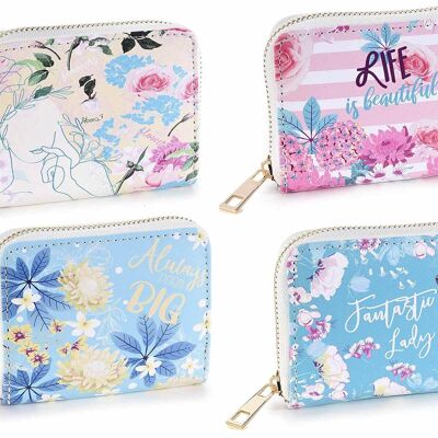 Small women's wallets in imitation leather with floral prints, butterflies and writings, 2 compartments for banknotes, central coin pocket with zip closure and golden zip