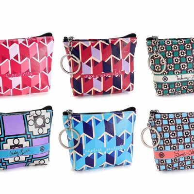 Porte-monnaie en simili cuir avec imprimés géométriques élégants, zip et porte-clés