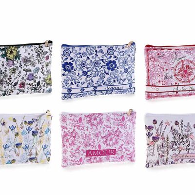 Faux leather clutch bag with elegant floral prints, writing and zip closure