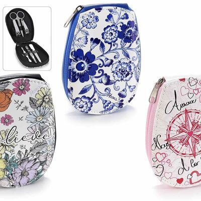 Manicure kit with 6 accessories, imitation leather case, floral motifs and zip closure