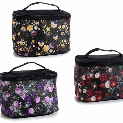 OM women's beauty case in imitation leather with handle and zip "Winter flowers" flower print - design 14zero3