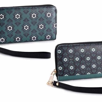 Women's faux leather damask wallet with zip, "Winter" wristlet - design 14zero3