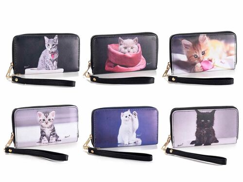 Portafogli donna con stampa gattini similpelle con zip, polsiera - design 14zero3