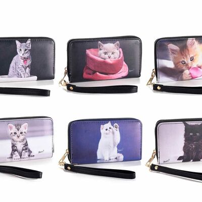Portafogli donna con stampa gattini similpelle con zip, polsiera - design 14zero3