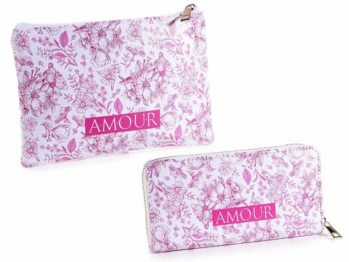 Set pochette e portafoglio da donna in similpelle con design "Amour" e scritte, 5 scomparti, tasca centrale portamonete con chiusura a zip e cerniera dorata